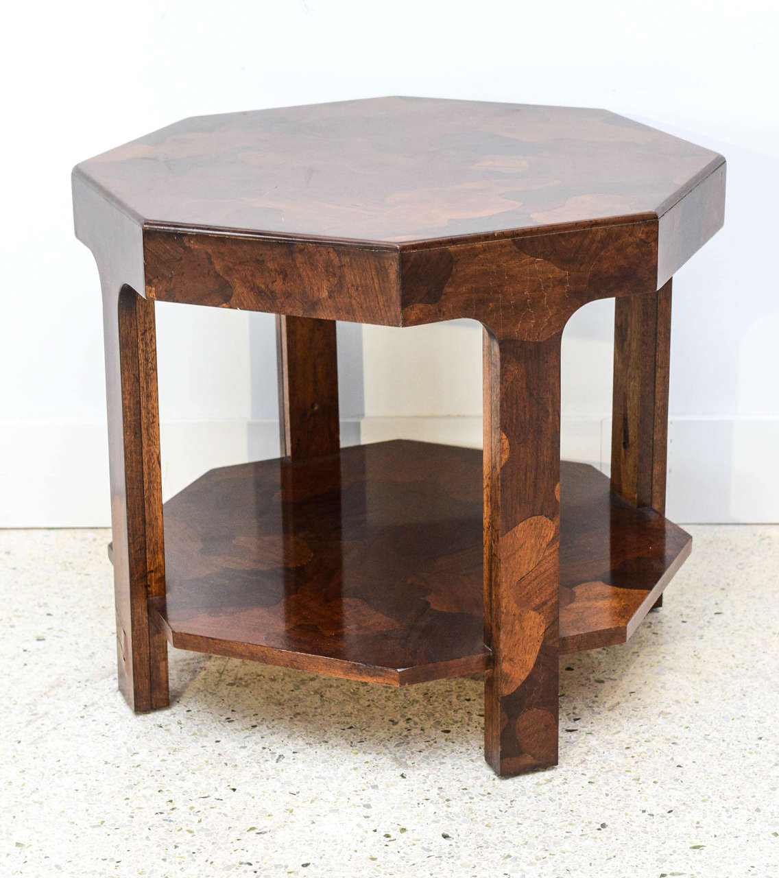 the exotically veneered octagonal top over square legs and a shelf, can be sold together or separately with companion square table
