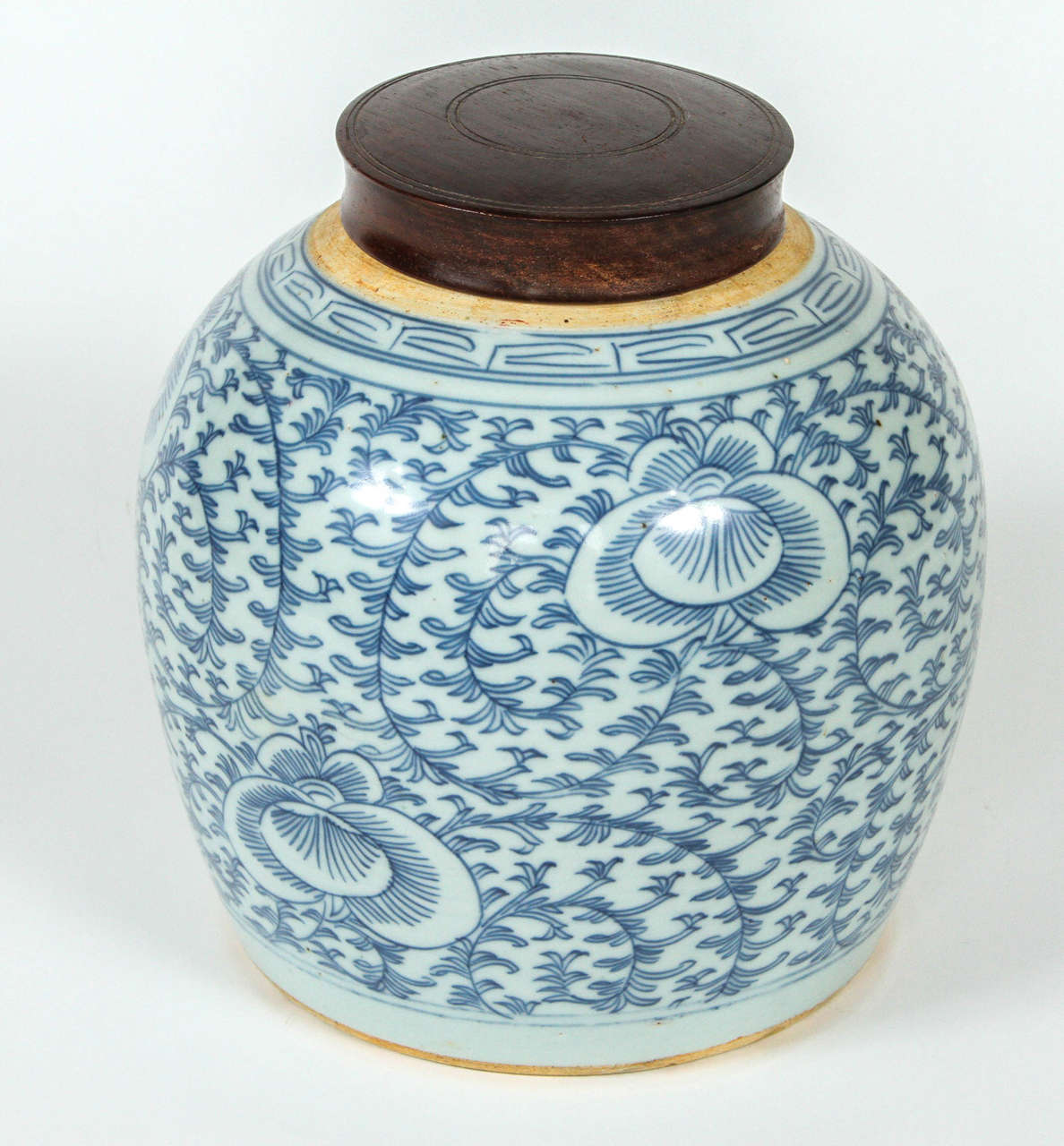 A 19th c. Chinese Blue and White Porcelain Ginger Jar with Wooden Top