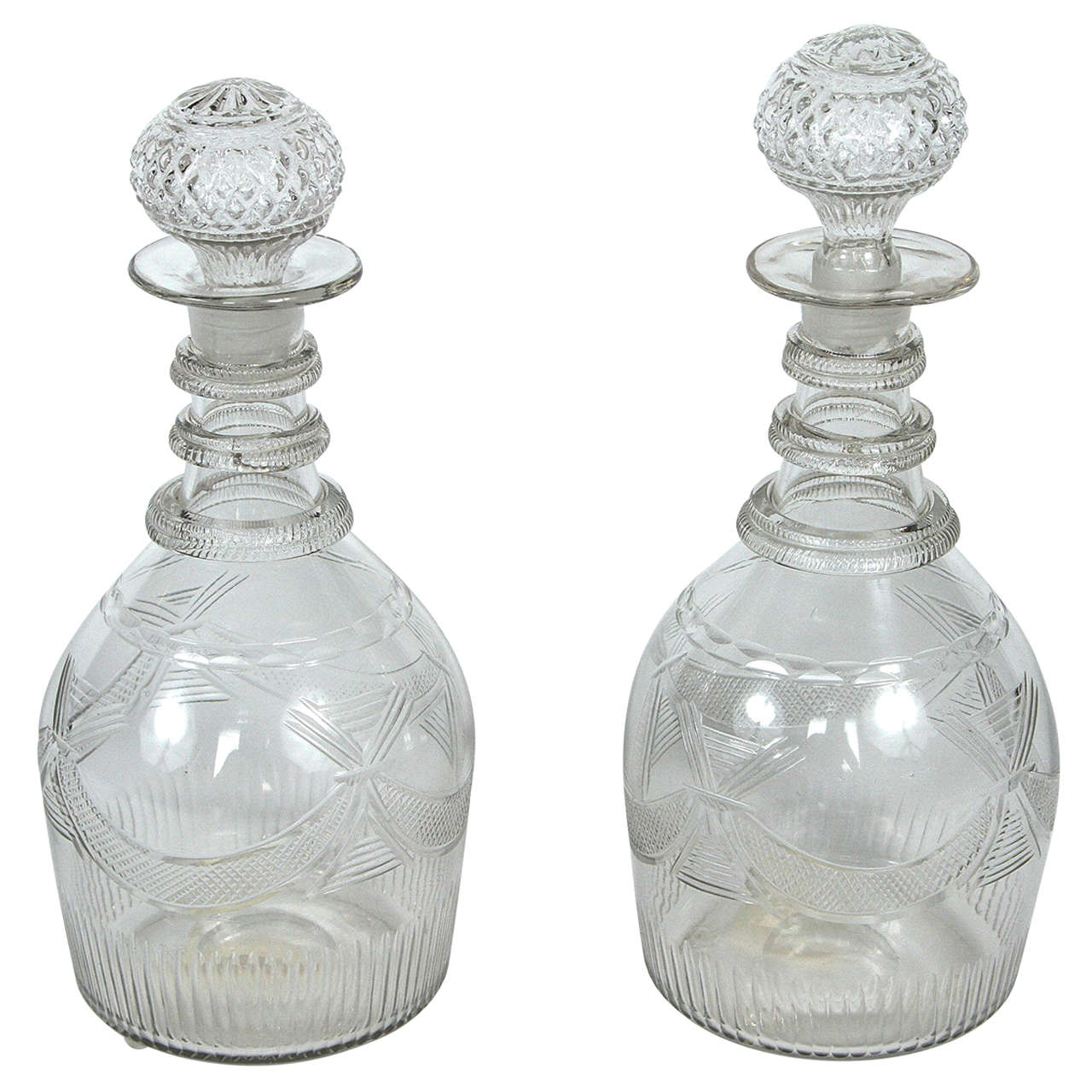 Pair of English Georgian Period Cut Crystal Decanters For Sale