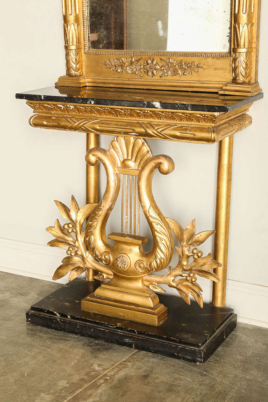 Gustavian Early 19th Century Swedish Console and Mirror in Gold Gilt with Marble Top For Sale