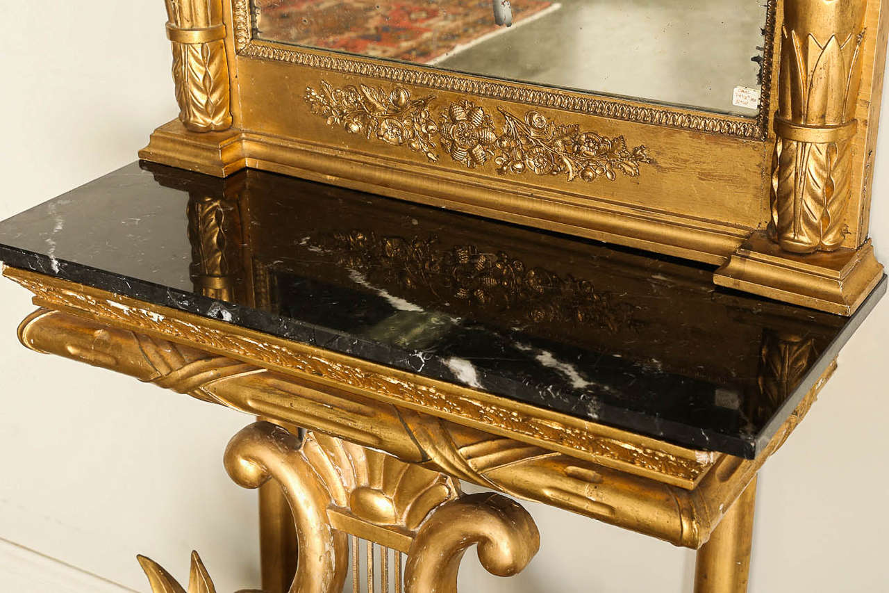 Early 19th Century Swedish Console and Mirror in Gold Gilt with Marble Top For Sale 1