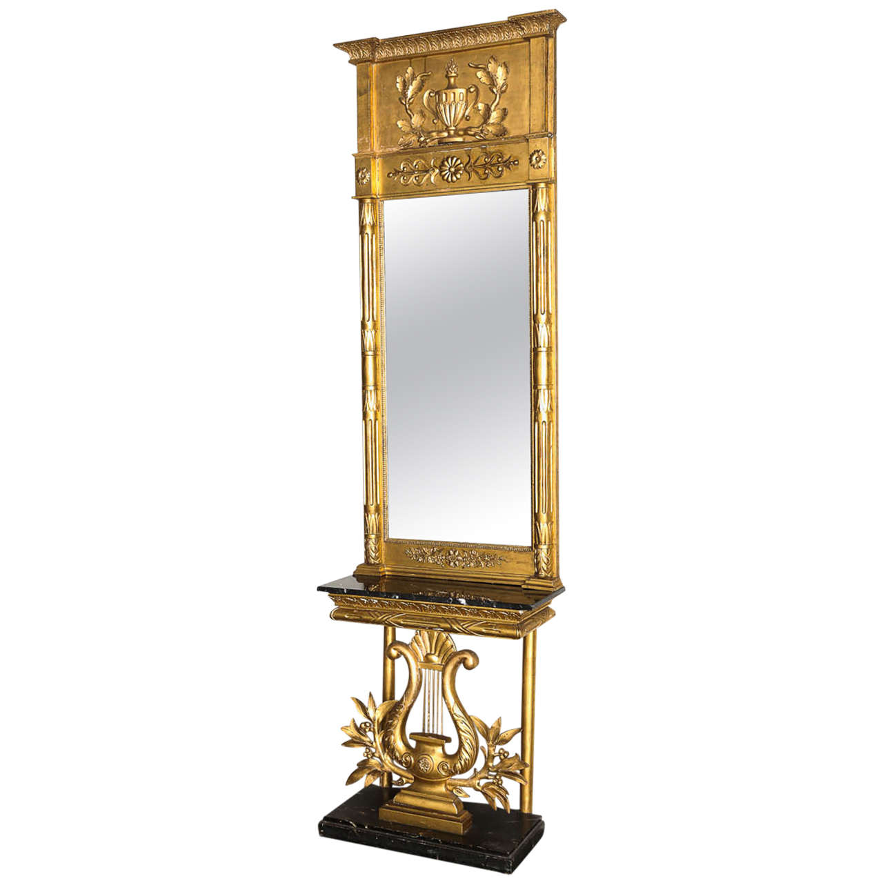 Early 19th Century Swedish Console and Mirror in Gold Gilt with Marble Top For Sale