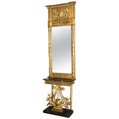 Early 19th Century Swedish Console and Mirror in Gold Gilt with Marble Top