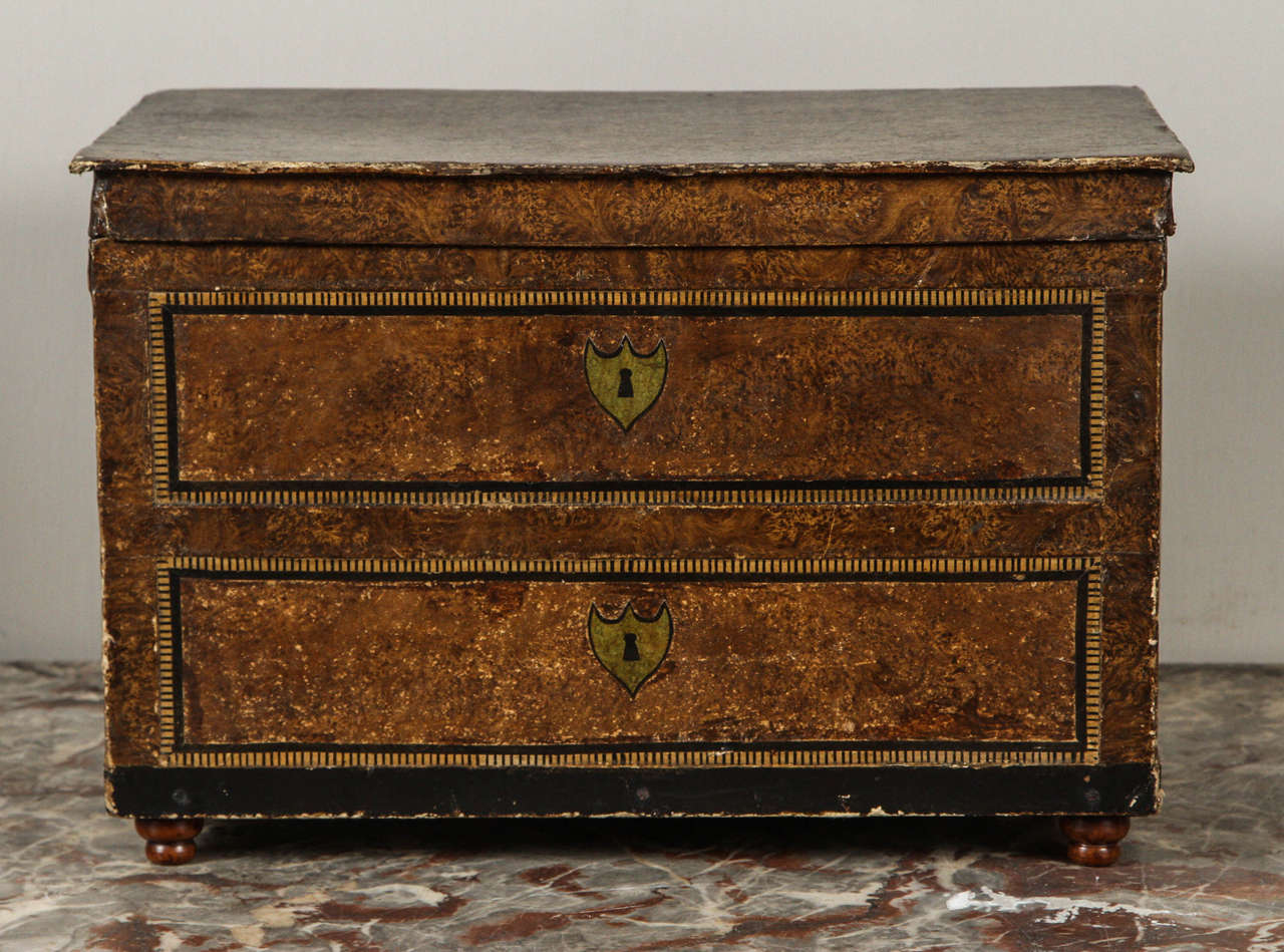 19th century Napoleon faux painted box with exceptional interior colors. Great for jewelry or watch storage or as decorative display case, circa 1820.