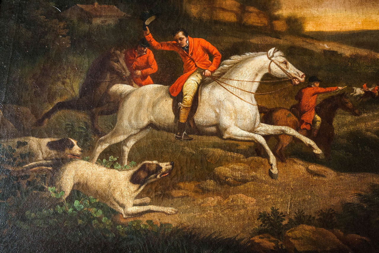British Antique Oil on Canvas of an Engish  Hunt Scene