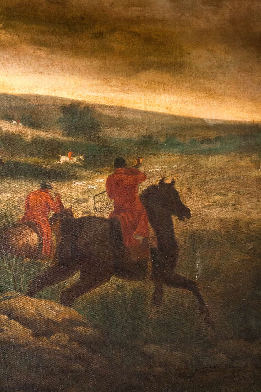 Hand-Painted Antique Oil on Canvas of an Engish  Hunt Scene