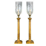 Pair Antique Italian Column Form Sticks w/ Hurricane Shades