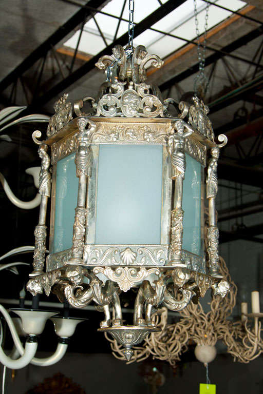 Silvered Bronze Caryatid White Glass Lantern
