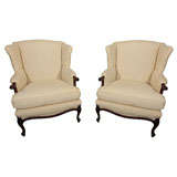 Vintage pair wingback chairs in homespun linen and flax