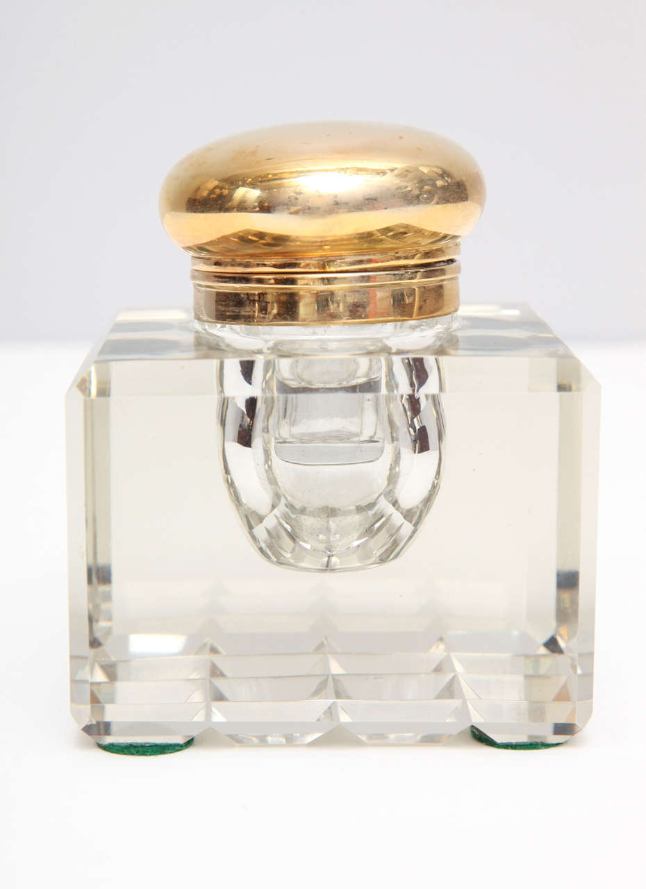 Sparkling cut crystal Deco ink well. Beautiful faceted bottom. Polished brass lid and original glass liner to hold ink.