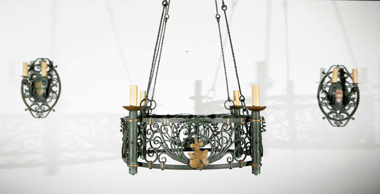 French iron fixture, circa 1920; original green and gold paint.