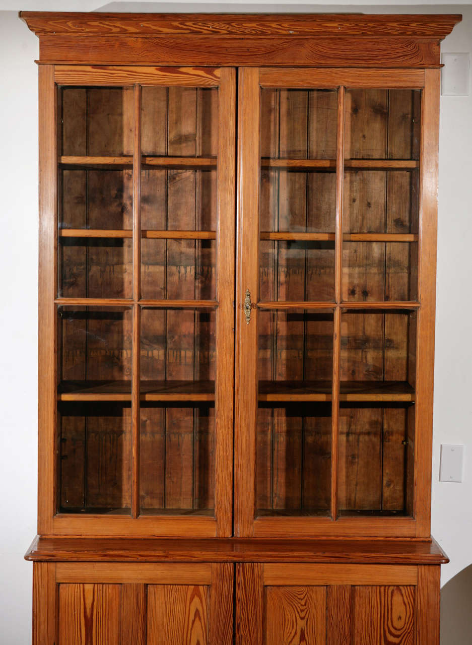 American Tall Glass Front Pine Cabinet and Bookcase