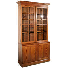 Antique Tall Glass Front Pine Cabinet and Bookcase