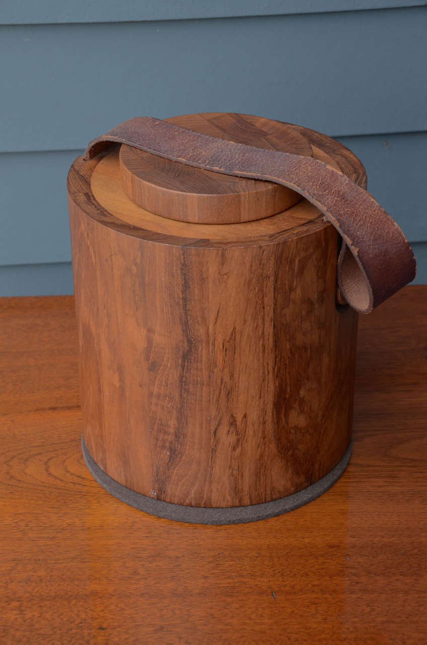 Unusual Danish Ice Bucket of Staved Teak, Separate Top, Leather Strap and Blue Liner.  By Nissen, Denmark