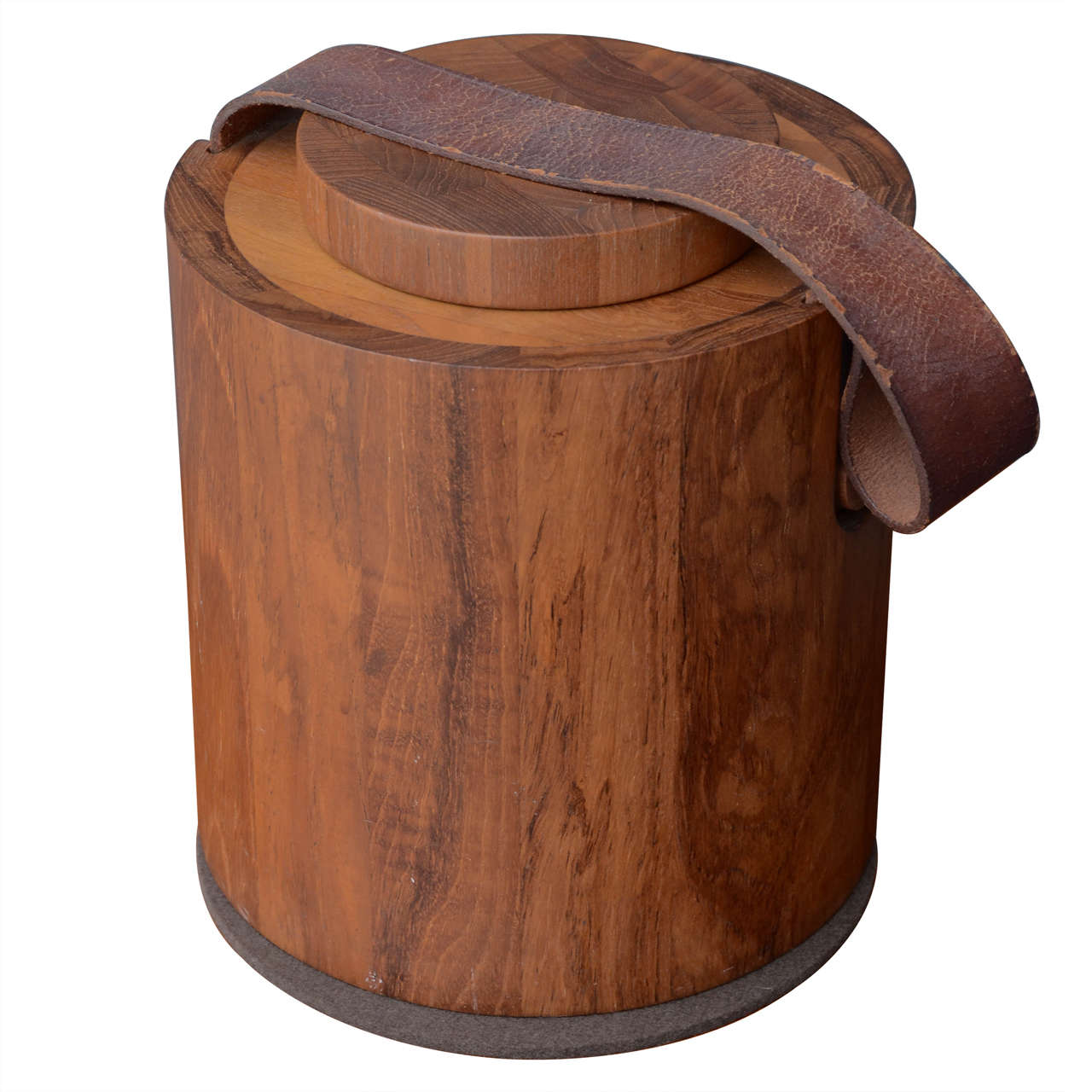 Staved Teak with Leather Handle Cylindrical Ice Bucket For Sale