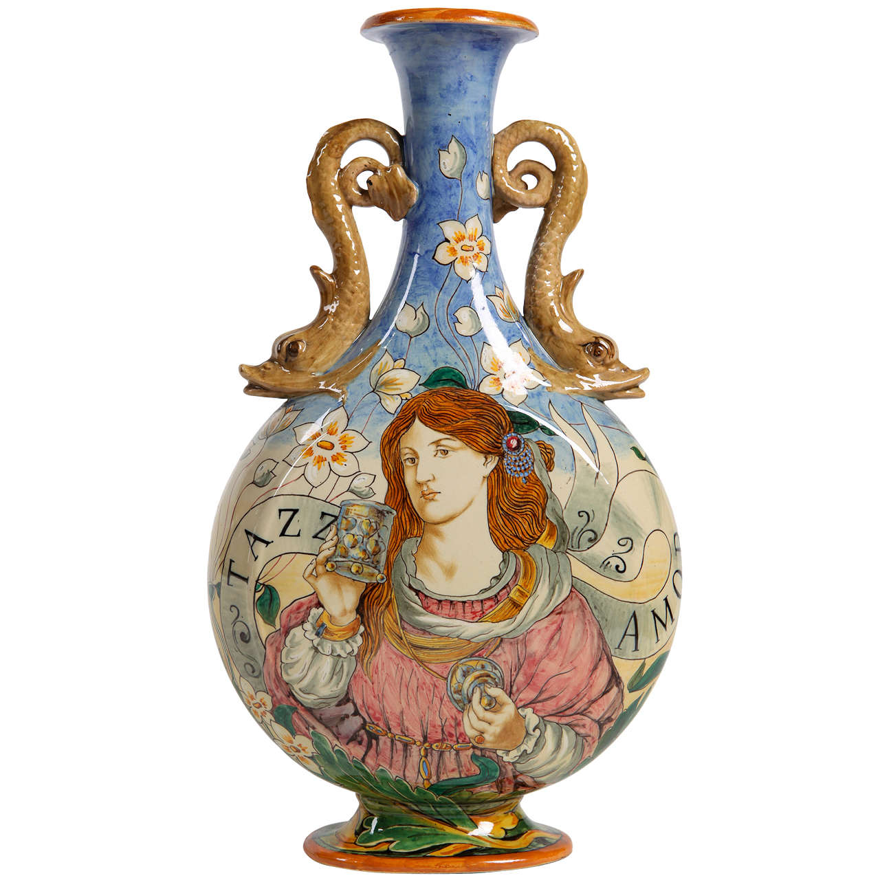 "La Tazza Dell Amore " The Love Cup Majolica Vase by Ginori Italy 1880-1890