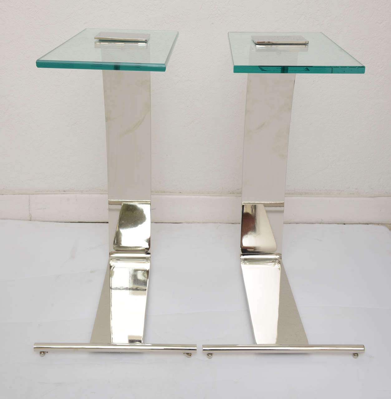 Modern Pair of Side Tables Nickel-Plated and Glass