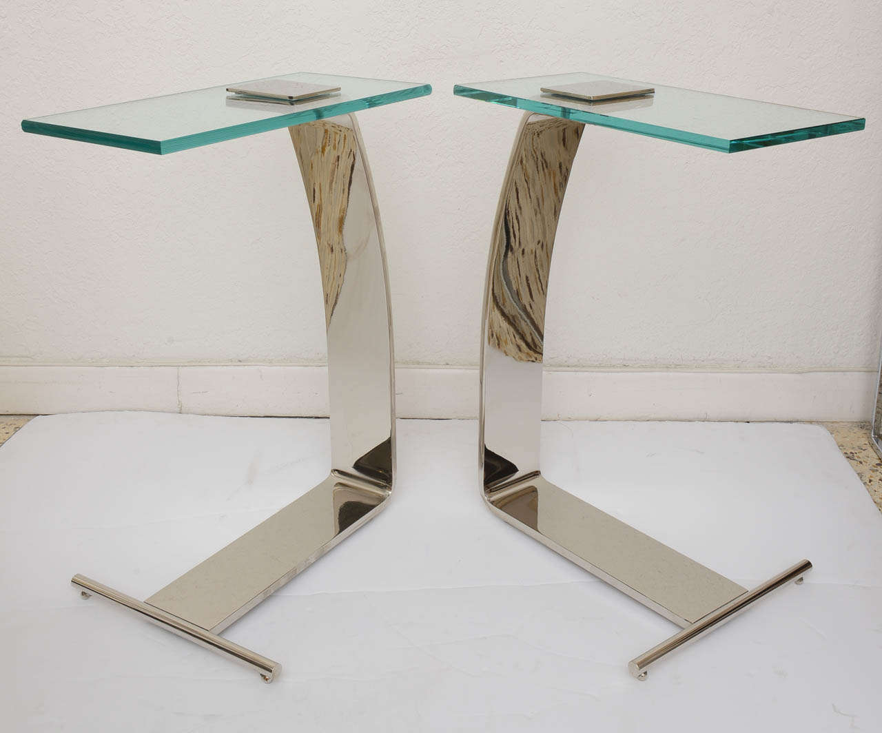 American Pair of Side Tables Nickel-Plated and Glass