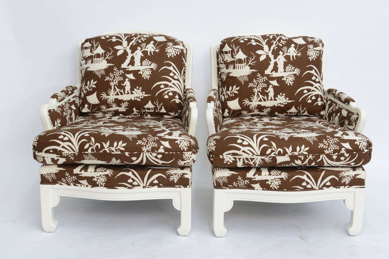 ...SOLD...Grand and plush, with room anchor scale, this pair of Chinese Chippendale inspired armchairs or bergeres in the modern style of James Mont, are wonderfully lacquered in white chocolate with the sides and back upholstered in white silky