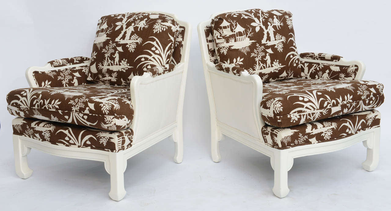 Chinese Chippendale 1960s Plush Mont Style Modern Chinoiserie Armchairs