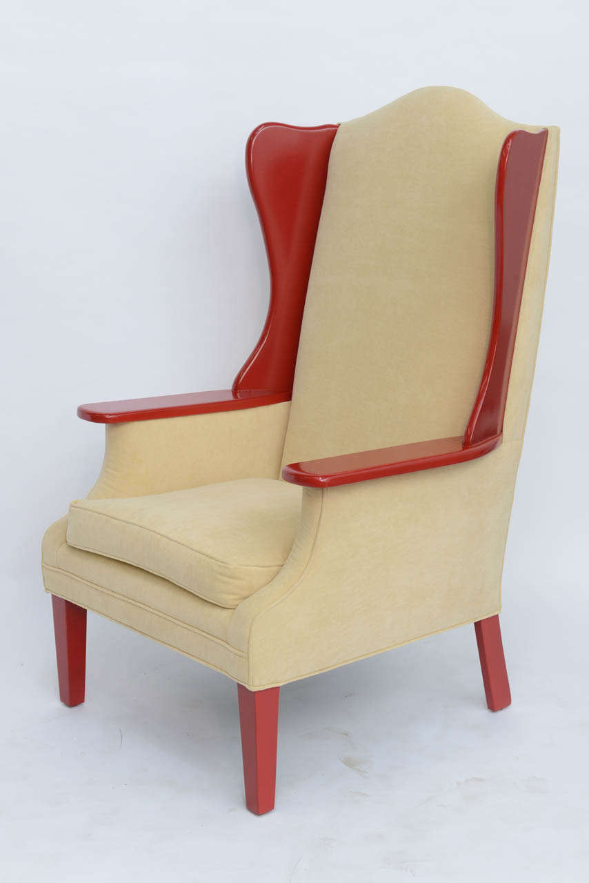 1950s Modern High Back Red Lacquered Wing Back Armchair In Excellent Condition In Miami, FL