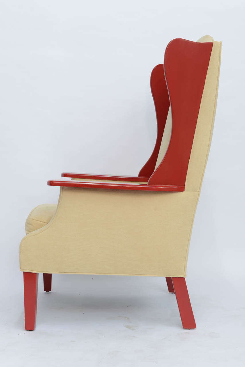 Mid-20th Century 1950s Modern High Back Red Lacquered Wing Back Armchair