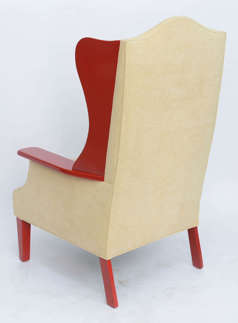 Wood 1950s Modern High Back Red Lacquered Wing Back Armchair