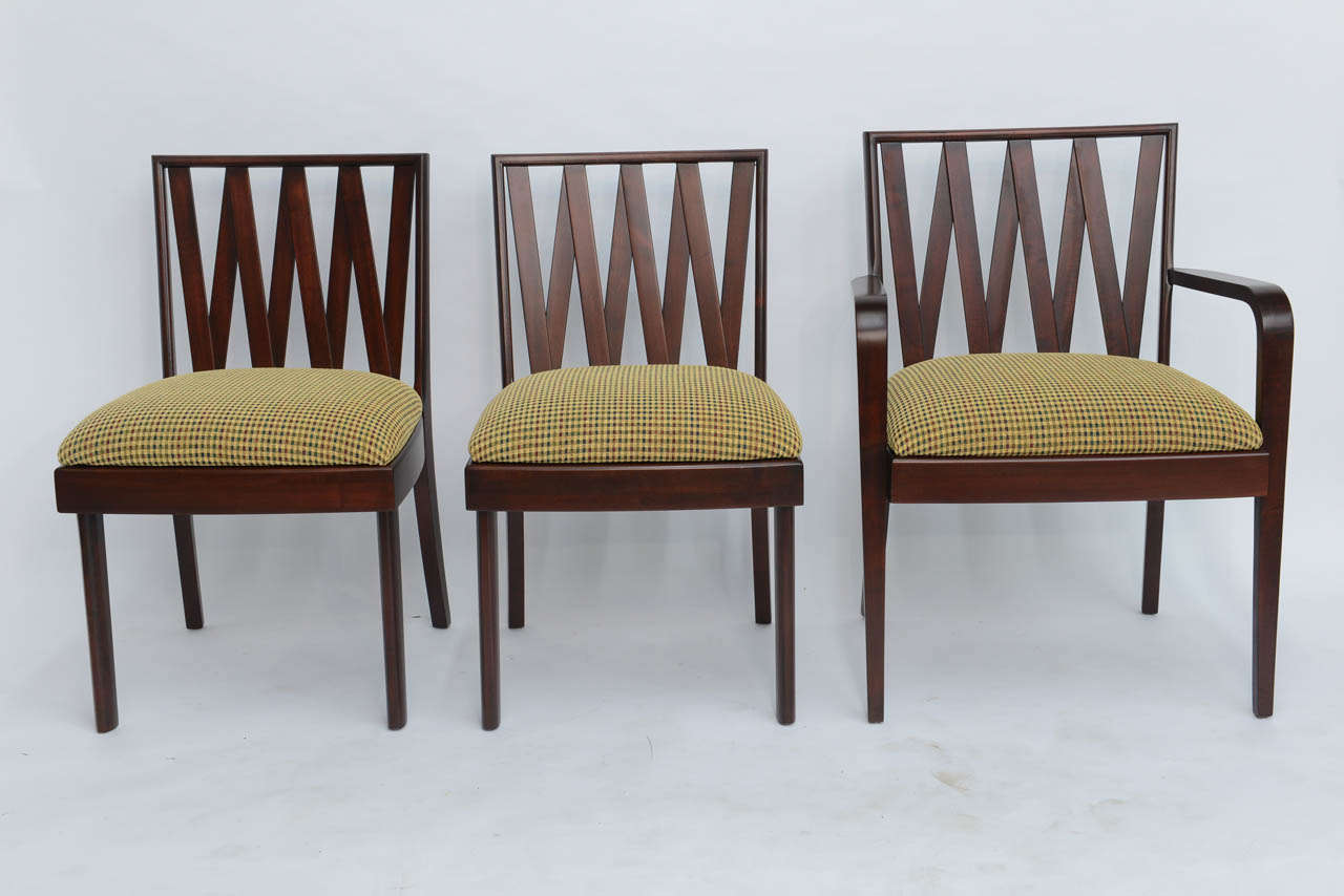 REDUCED FROM $3,950.....Classic and fine Paul Frankl slat back mahogany dining chairs for Johnson Furniture. Solid chairs of exquisite shaping and molding. Set consists of two arms and four armless sides. Seats upholstered in a new chenille fabric