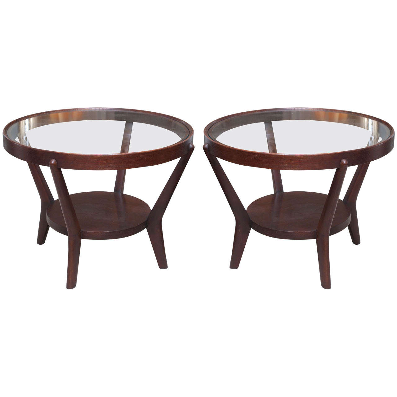 Pair 1930s Round Oak Side Tables by Jindrich Halabala For Sale