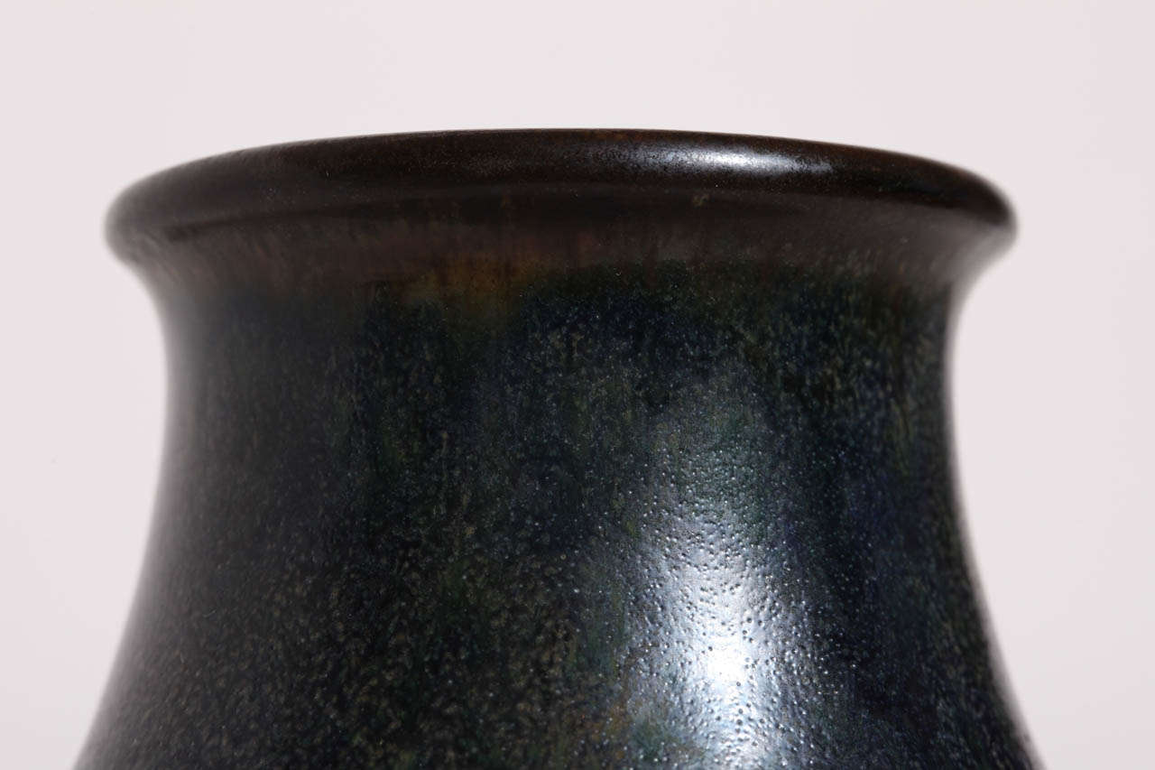 Ceramic Emile Decoeur French Art Deco Dark Blue Stoneware Vase For Sale