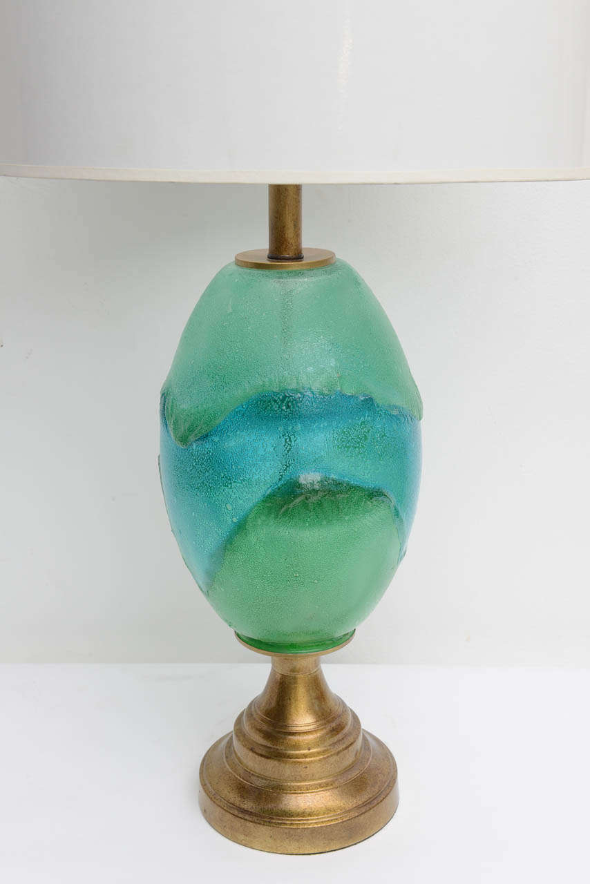 Mid-Century Modern Pair Mid Century Modern Green / Aqua Art Glass Italian Brass Table Lamps For Sale