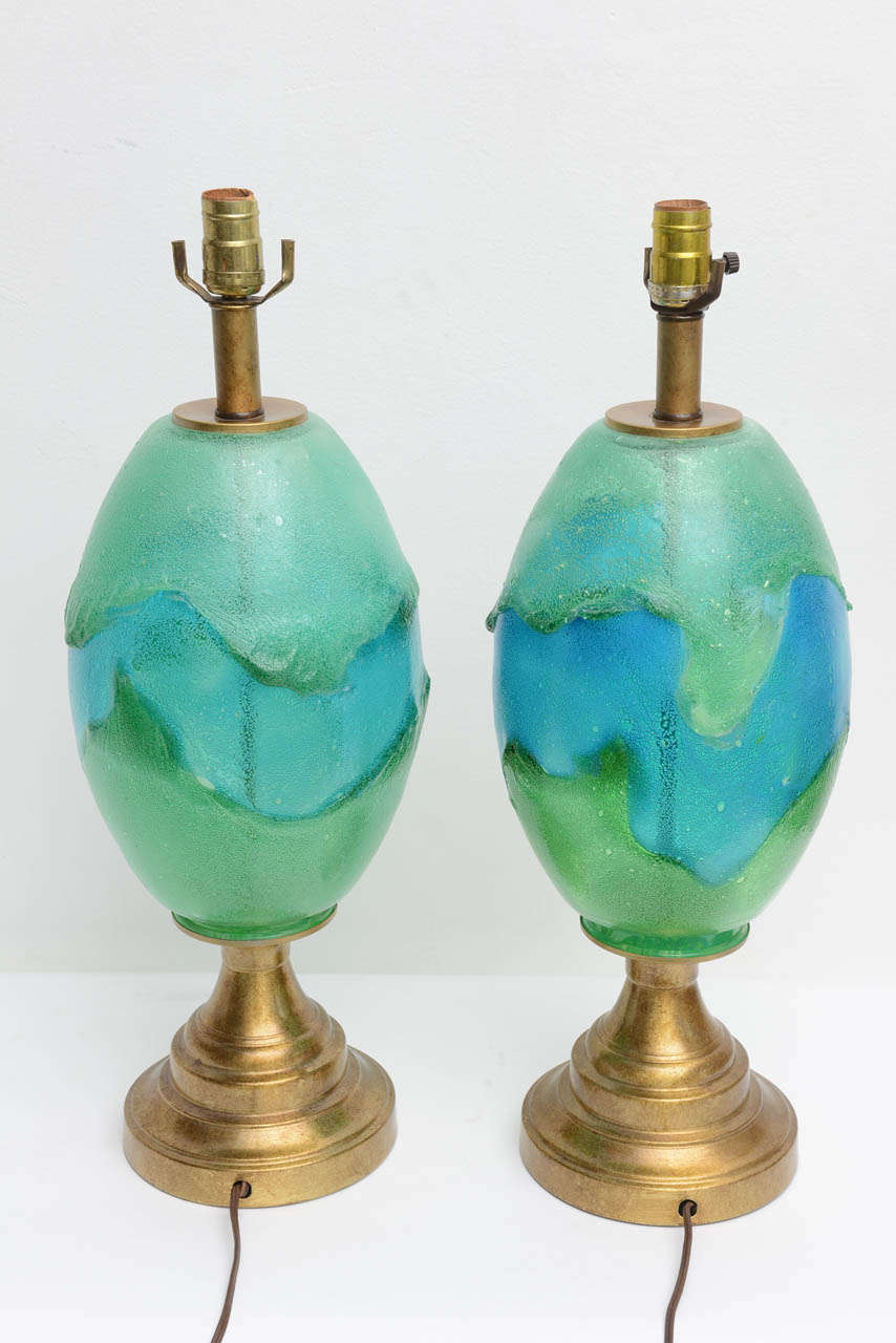 Pair Mid Century Modern Green / Aqua Art Glass Italian Brass Table Lamps For Sale 1