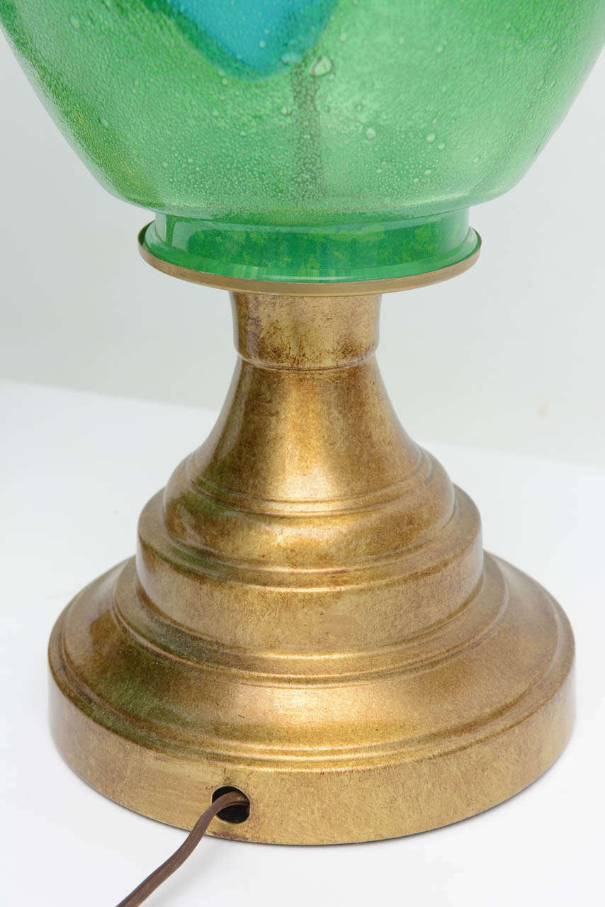 Pair Mid Century Modern Green / Aqua Art Glass Italian Brass Table Lamps For Sale 2