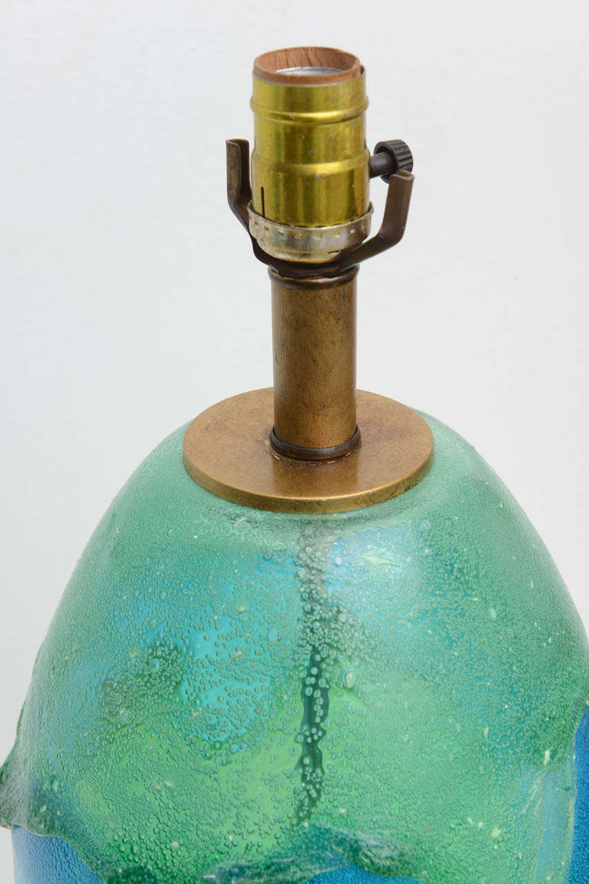 Pair Mid Century Modern Green / Aqua Art Glass Italian Brass Table Lamps For Sale 3