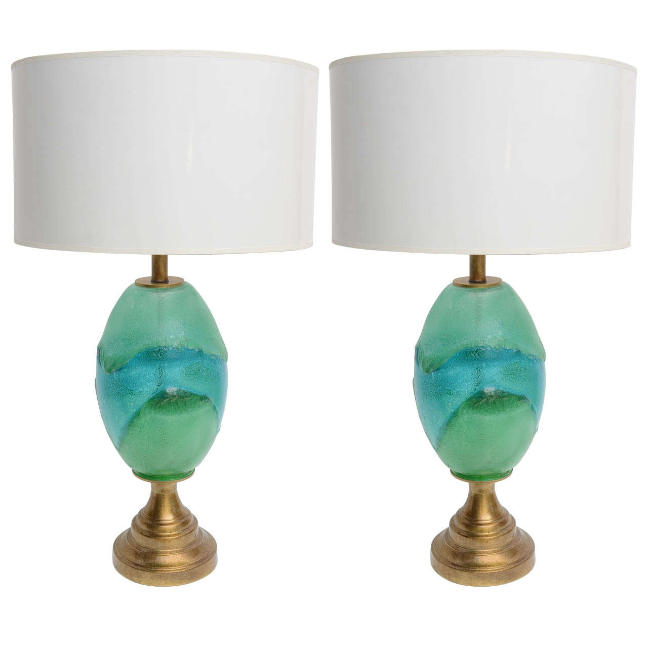Pair Mid Century Modern Green / Aqua Art Glass Italian Brass Table Lamps For Sale