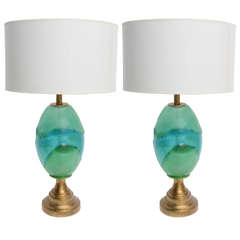 Pair Mid Century Modern Green / Aqua Art Glass Italian Brass Table Lamps
