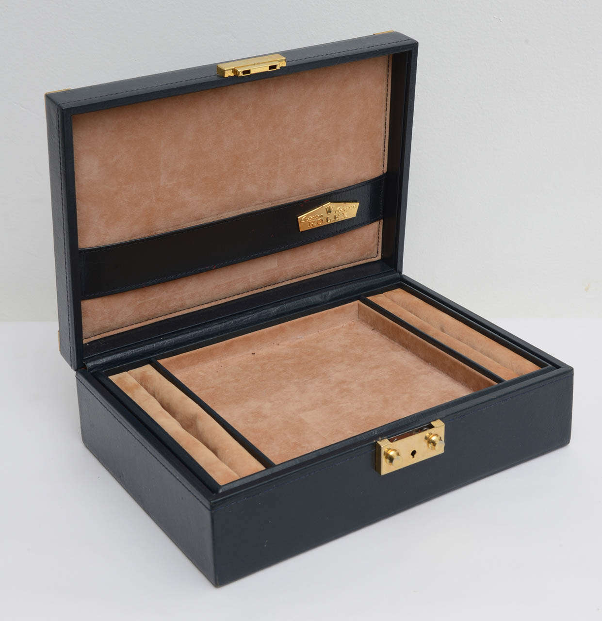 Wood Elegant Navy Blue Leather Rolex Jewelry Case Box, 1970