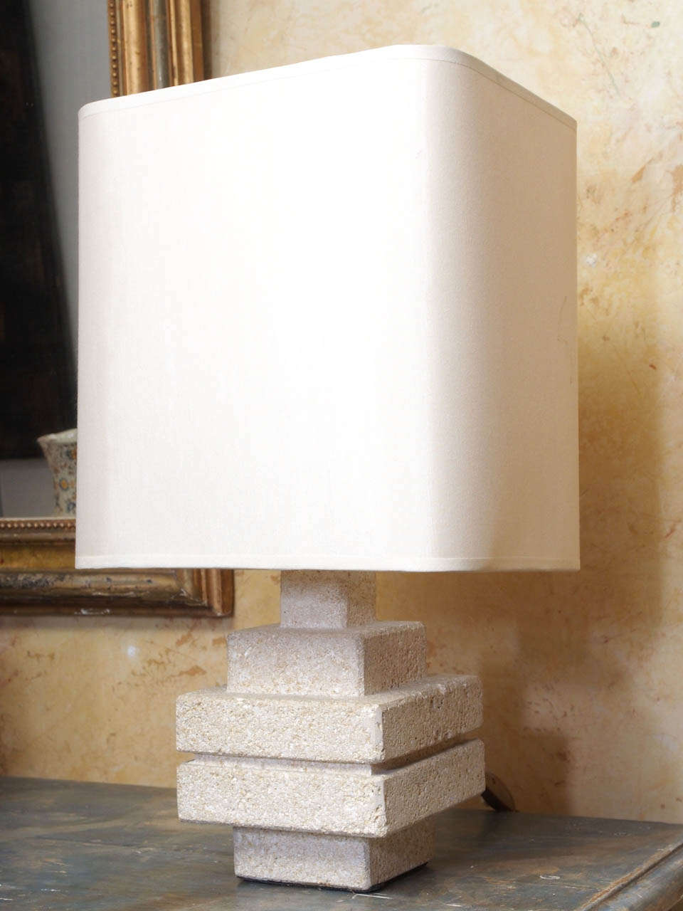 Pair of French Custom Made Lamps With Stone Base and Shades.