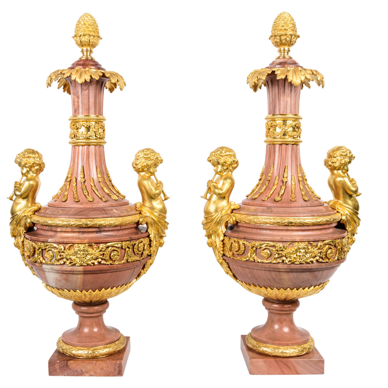 Fabulous Pink Marble Garniture Urns For Sale