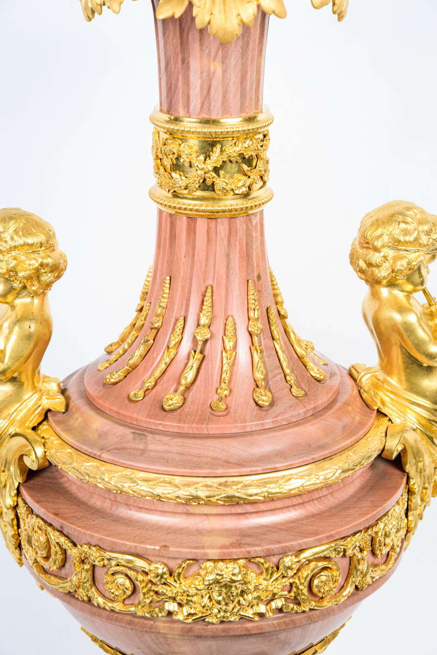 French Fabulous Pink Marble Garniture Urns For Sale