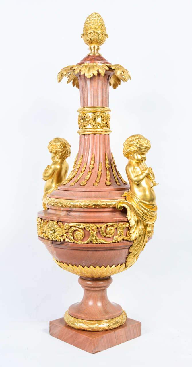 Fabulous Pink Marble Garniture Urns For Sale 2