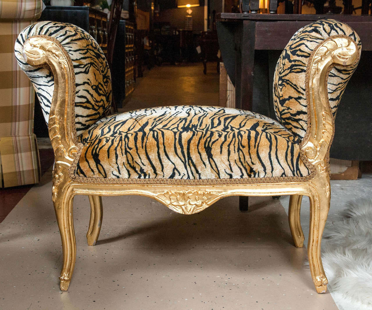 Mid-20th Century Chanel Style Faux Tiger Furred Gilt Bench