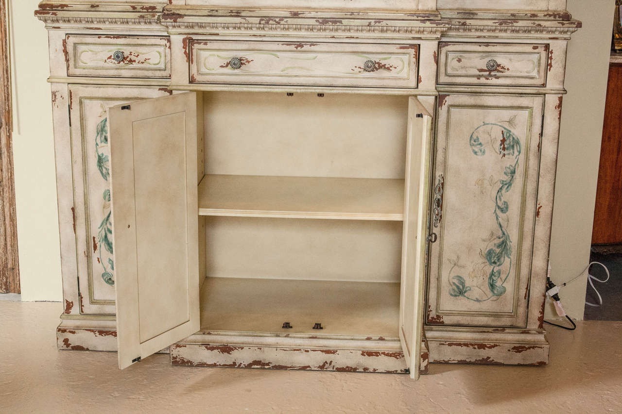 Two-Piece Paint Decorated China Cabinet Breakfront Lighted Interior Adams Style In Good Condition In Stamford, CT