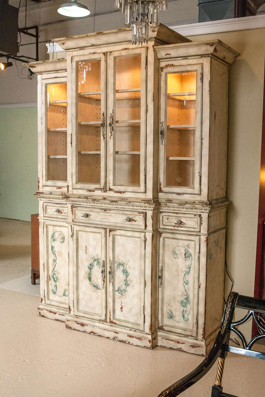 Mid-20th Century Two-Piece Paint Decorated China Cabinet Breakfront Lighted Interior Adams Style