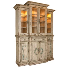 Vintage Two-Piece Paint Decorated China Cabinet Breakfront Lighted Interior Adams Style