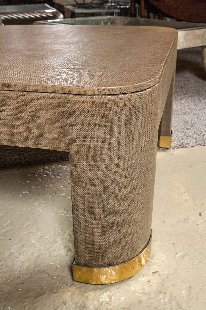 Mid-Century Modern Palatial Karl Springer Parsons Style Linen Wrapped Coffee Table / Cocktail Table