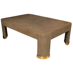 Palatial Karl Springer Parsons Style Linen Wrapped Coffee Table / Cocktail Table