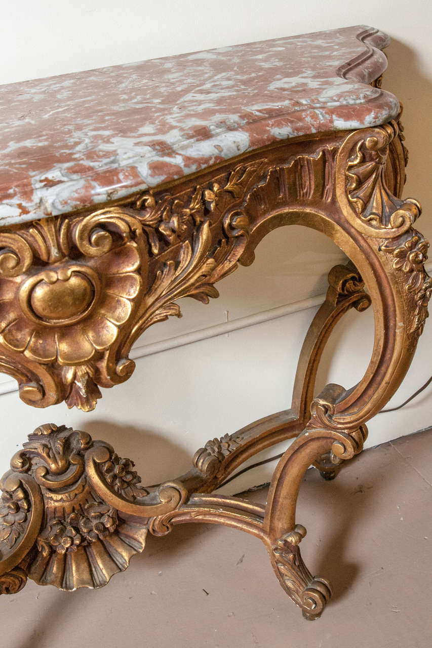 French Marble-Top Louis XV Style Console Table by Jansen Exquisite Carved Details 1920s