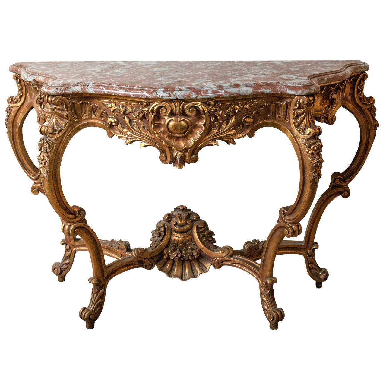 Marble-Top Louis XV Style Console Table by Jansen Exquisite Carved Details 1920s