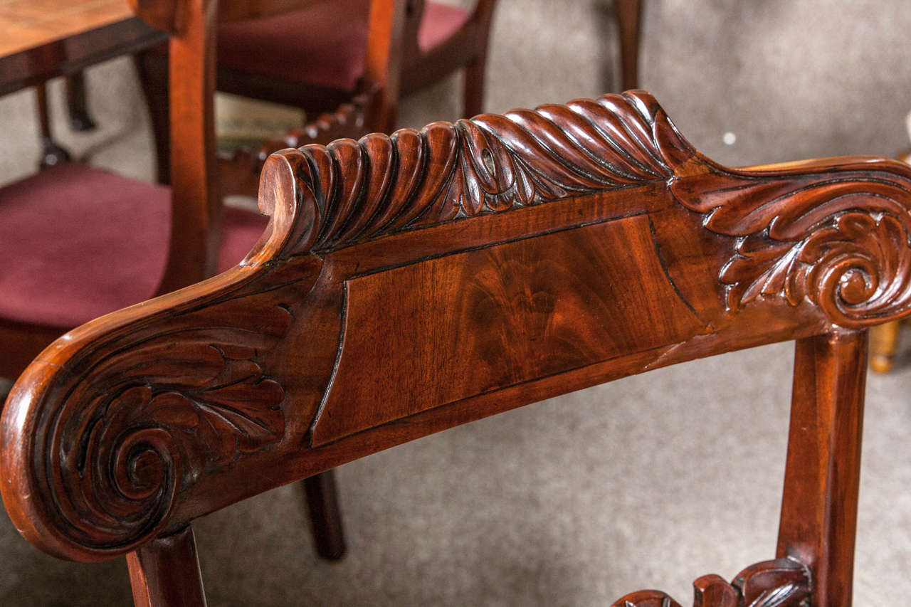 Early 19th Century Set Eight English Regency Dining Chairs 19th C. Solid Mahogany Scroll Carvings